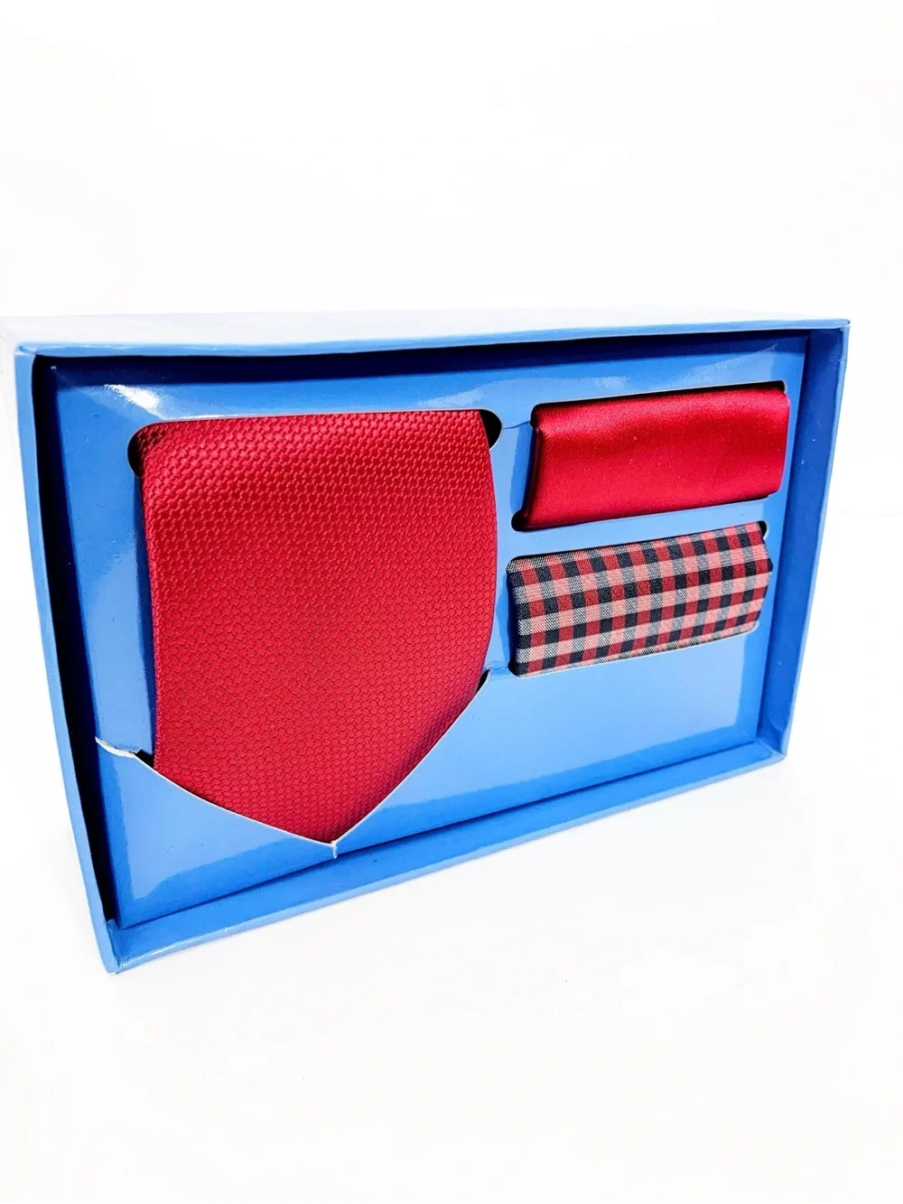 Isaac Mizrahi Red Tie with Matching Solid and Plaid Pocket Squares